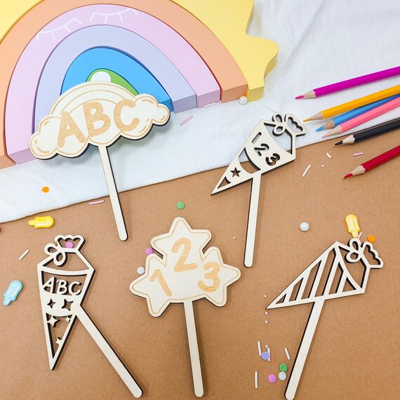 Schulkind Tortendeko, 6 STK Holz Tortendeko Einschulung, Hurra Schulkind Kuchendeko Schulanfang, Cake Topper Einschulung, Schuleinführung Party Deko für Mädchen Junge