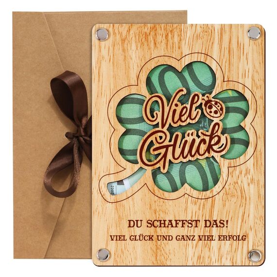 BOFUNX Viel Glück Geschenke Glücksbringer Prüfung Geldgeschenk aus Holz Kleeblatt Viel Glück Prüfung Geschenk Glücksbringer zum Abitur Bachelor Master Doktor Prüfung Abschluss für Jungen Mädchen