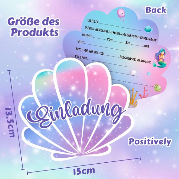 Elektheim 12 Stück Meerjungfrau EINLADUNGSKARTEN， Kinder Kreative Kunsthandwerk EINLADUNGSKARTEN für Mädchen Jungen Kinder zum GEBURTSTAG Einschulung und KINDERPARTY