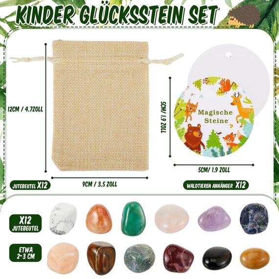 Otuuz 12 Stück Glückssteine für Kinder mit Jutesäckchen Bunte Glücksbringer Steine Magische Steine Party Mitgebsel für Kindergeburtstag Silvester Waldtiere Geburtstag Geschenke Kinder Kleinigkeiten