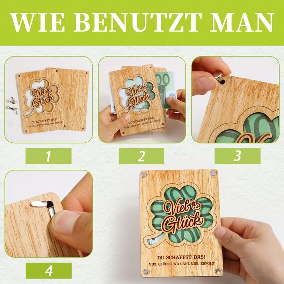 BOFUNX Viel Glück Geschenke Glücksbringer Prüfung Geldgeschenk aus Holz Kleeblatt Viel Glück Prüfung Geschenk Glücksbringer zum Abitur Bachelor Master Doktor Prüfung Abschluss für Jungen Mädchen
