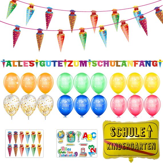 Einschulung Schuleinführung Schulanfang Deko Set, Girlande Alles Gute Zum Schulanfang + Zuckertüten Banner + 18 Luftballon mit ABC 123 Schultüte Motiv + Konfetti + Folienballon für Jungen Mädchen