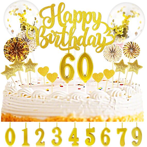 Giftota Tortendeko 30 40 50 60 Geburtstag Mann Frau, 30 Stück Gold Cake Topper Geburtstag Deko, Kuchendeko mit Geburtstagskerzen Konfetti Luftballons Papierfächer