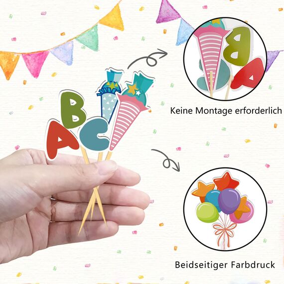 20 Stück Schulanfang Tortendeko, Tortendeko Einschulung Deko, Schultüte Schuleinführung Deko Cupcake Topper für Schulkind, Junge und Mädchen Einschulung Deko
