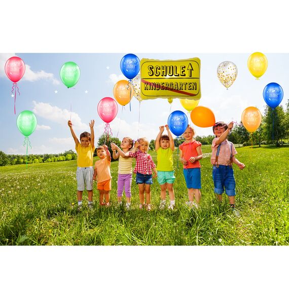 Einschulung Schuleinführung Schulanfang Deko Set, Girlande Alles Gute Zum Schulanfang + Zuckertüten Banner + 18 Luftballon mit ABC 123 Schultüte Motiv + Konfetti + Folienballon für Jungen Mädchen
