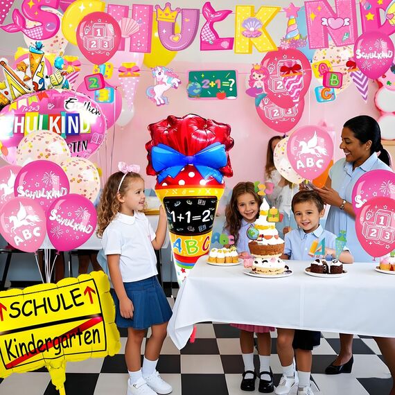 JJJZAMZ SCHULKIND 2025 Mädchen Einschulung Deko, Schulkind Banner + Schultüte Luftballons + 20 Einschulung Latex Luftballons + 13 Stück Tortendeko Einschulung,Verwendung für Schulkind Deko Schulanfang