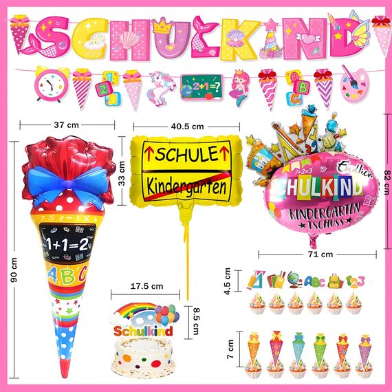 JJJZAMZ SCHULKIND 2025 Mädchen Einschulung Deko, Schulkind Banner + Schultüte Luftballons + 20 Einschulung Latex Luftballons + 13 Stück Tortendeko Einschulung,Verwendung für Schulkind Deko Schulanfang