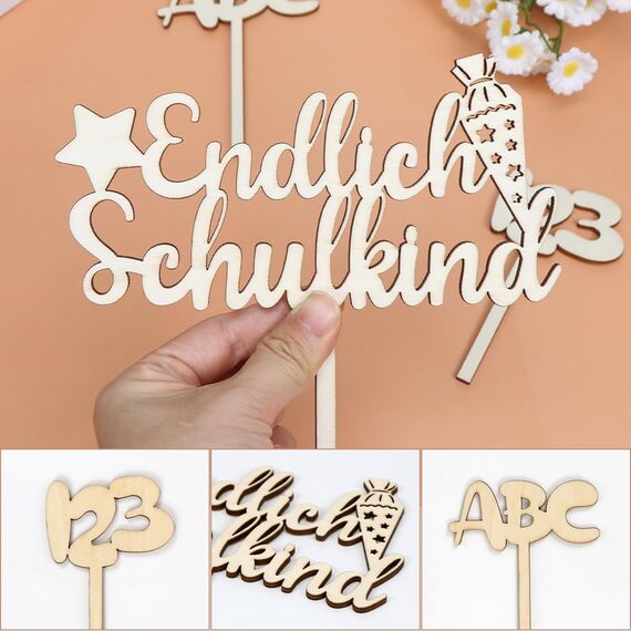 Tortendeko Einschulung, Holz Endlich Schulkind Tortendeko Kuchen Deko Einschulung Cake Topper Schulkind Kuchen Deko Torten Topper ABC 123 Kuchendeko Schulanfang für Mädchen Junge Schuleinführung Party
