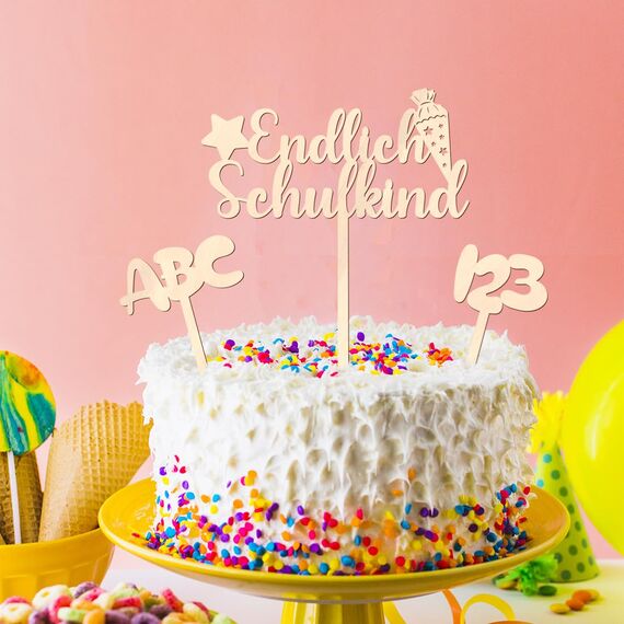 Tortendeko Einschulung, Holz Endlich Schulkind Tortendeko Kuchen Deko Einschulung Cake Topper Schulkind Kuchen Deko Torten Topper ABC 123 Kuchendeko Schulanfang für Mädchen Junge Schuleinführung Party