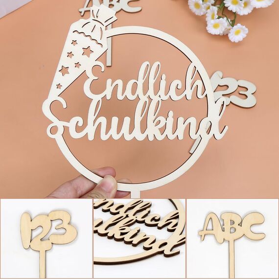 Tortendeko Einschulung, Kuchen Deko Einschulung Holz Endlich Schulkind Tortendeko Cake Topper Schulkind Kuchen Deko Torten Topper ABC 123 Kuchendeko Schulanfang für Mädchen Junge Schuleinführung Party