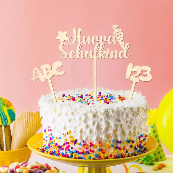 Tortendeko Einschulung, Holz Hurra Schulkind Tortendeko, Kuchen Deko Einschulung, Cake Topper Schulkind Kuchen Deko Torten Topper ABC 123 Kuchendeko Schulanfang für Mädchen Junge Schuleinführung Party