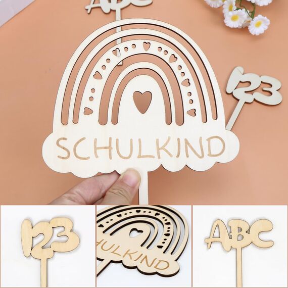 Tortendeko Einschulung, Holz Schulkind Tortendeko, Kuchen Deko Einschulung, Cake Topper Schulkind Kuchen Deko Torten Topper ABC 123 Kuchendeko Schulanfang für Mädchen Junge Schuleinführung Party