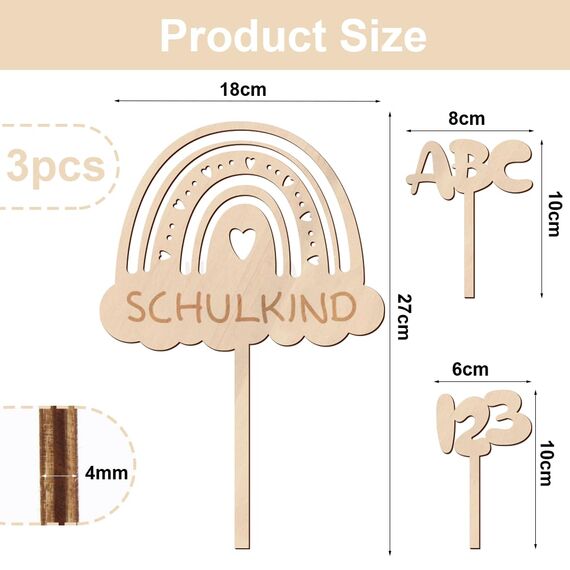 Tortendeko Einschulung, Holz Schulkind Tortendeko, Kuchen Deko Einschulung, Cake Topper Schulkind Kuchen Deko Torten Topper ABC 123 Kuchendeko Schulanfang für Mädchen Junge Schuleinführung Party
