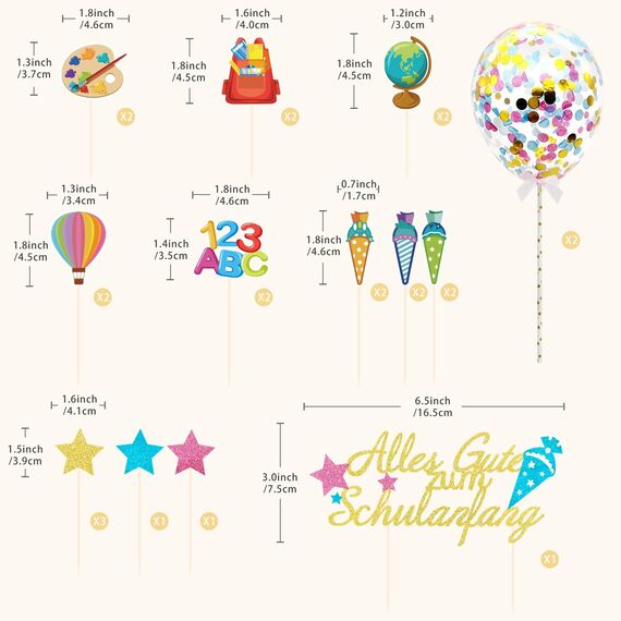 24 Stück Schulanfang Tortendeko, Tortendeko Einschulung, Einschulung Deko Kuchen Papierfächer für Junge und Mädchen Schulanfang Party Dekoration (Bunt)