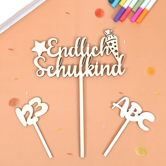 Tortendeko Einschulung, Holz Endlich Schulkind Tortendeko Kuchen Deko Einschulung Cake Topper Schulkind Kuchen Deko Torten Topper ABC 123 Kuchendeko Schulanfang für Mädchen Junge Schuleinführung Party