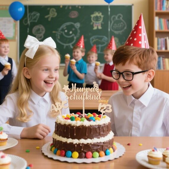 Tortendeko Einschulung, Holz Hurra Schulkind Tortendeko, Kuchen Deko Einschulung, Cake Topper Schulkind Kuchen Deko Torten Topper ABC 123 Kuchendeko Schulanfang für Mädchen Junge Schuleinführung Party