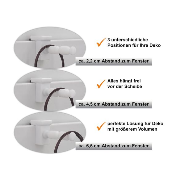 dekohaken24.de 4x Fensterhaken/Dekohaken mit Distanzhalter - ideal für Fenster- oder Weihnachstdekoration, Klemmbereich 10-27 mm (weiß, M)