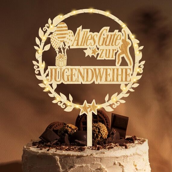 Giftota Cake Topper zur Jugendweihe aus Holz mit LED Lichterkette - Tortendeko Jugendweihe - JugendweiheTortendeko für Junge Mädchen