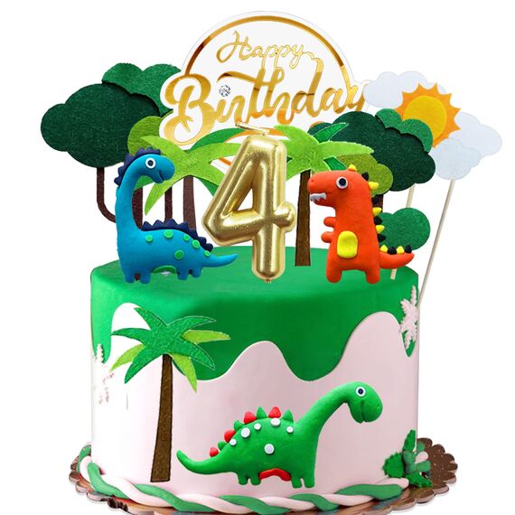 Dino Tortendeko 4 Jahre Junge Kinder, Kuchendeko Dinosaurier mit Geburtstagskerze 4, Happy Birthday Dinosaurier 4 Jahre