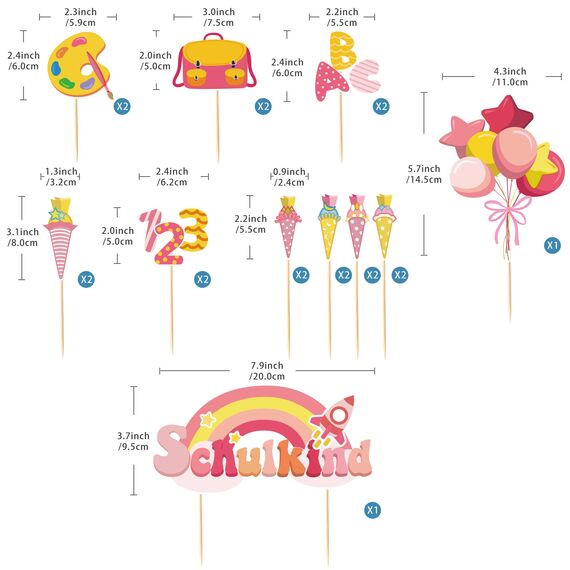 20 Stück Schulanfang Tortendeko, Tortendeko Einschulung, Schuleinführung deko Cupcake Topper für Schulkind, Junge und Mädchen Schulanfang Party Dekoration (Rosa Regenbogen)