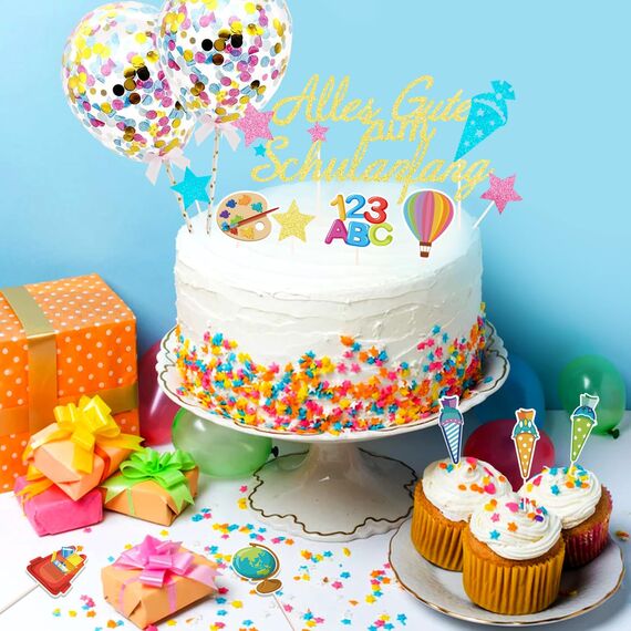 24 Stück Schulanfang Tortendeko, Tortendeko Einschulung, Einschulung Deko Kuchen Papierfächer für Junge und Mädchen Schulanfang Party Dekoration (Bunt)