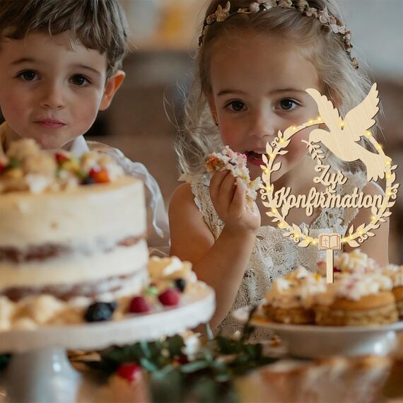 Giftota Cake Topper zur Konfirmation aus Holz mit LED Lichterkette - Tortendeko Konfirmation Deko für Junge Mädchen