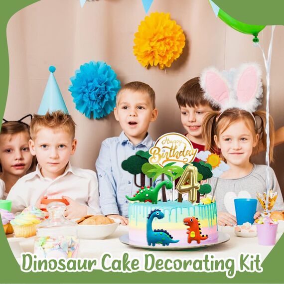 Dino Tortendeko 4 Jahre Junge Kinder, Kuchendeko Dinosaurier mit Geburtstagskerze 4, Happy Birthday Dinosaurier 4 Jahre