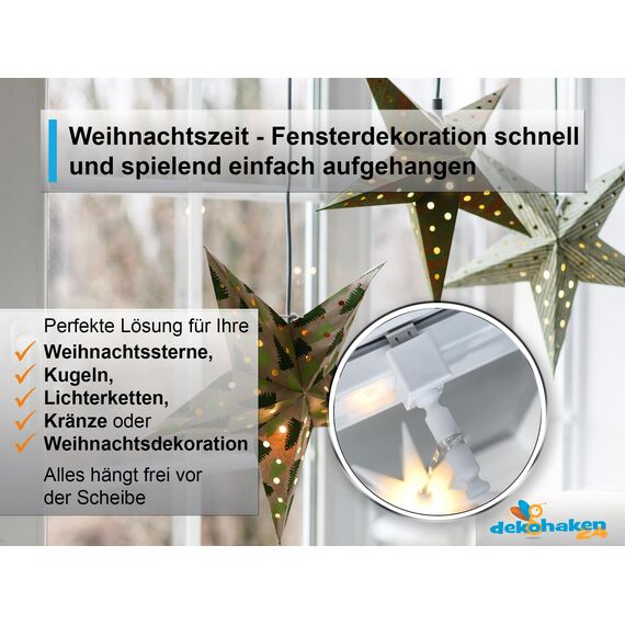 dekohaken24.de 4x Fensterhaken/Dekohaken mit Distanzhalter - ideal für Fenster- oder Weihnachstdekoration, Klemmbereich 10-27 mm (weiß, M)