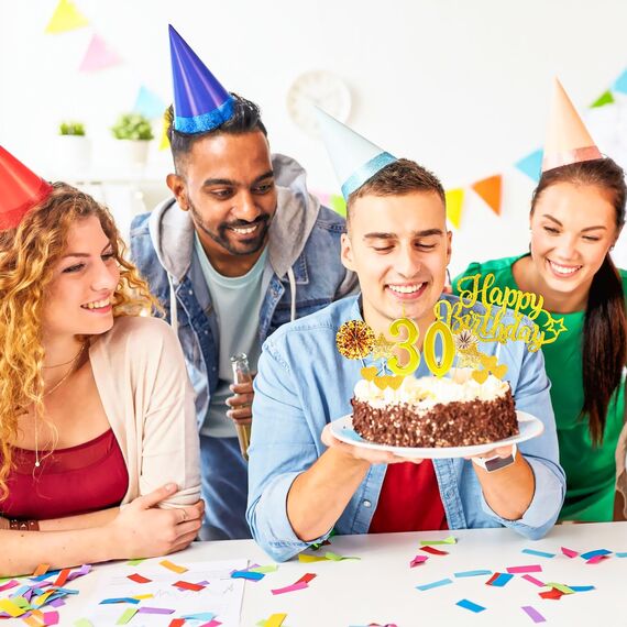 Giftota Tortendeko 30 40 50 60 Geburtstag Mann Frau, 30 Stück Gold Cake Topper Geburtstag Deko, Kuchendeko mit Geburtstagskerzen Konfetti Luftballons Papierfächer