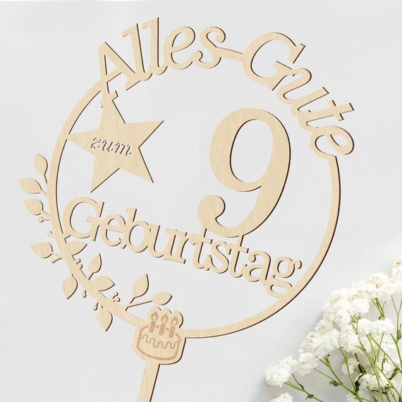 Cake Topper 9. Geburtstag Holz mit LED Lichterkette - Tortendeko 9. Geburtstag Deko - Kuchen Deko für Jungen Mädchen