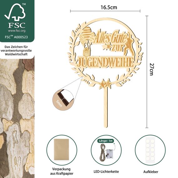 Giftota Cake Topper zur Jugendweihe aus Holz mit LED Lichterkette - Tortendeko Jugendweihe - JugendweiheTortendeko für Junge Mädchen