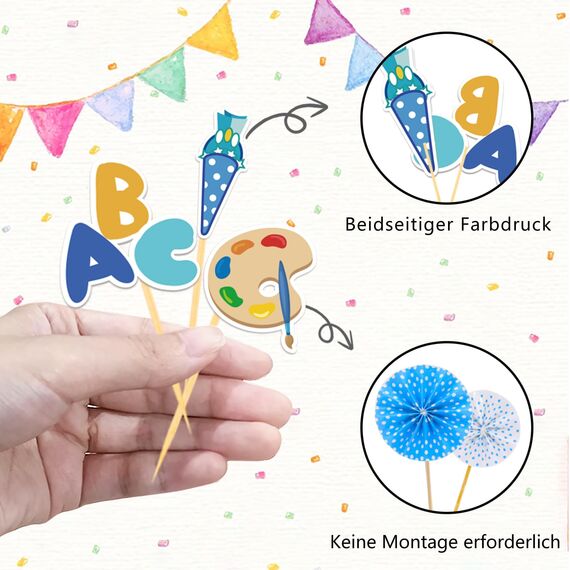 25 Stück Schulanfang Tortendeko, Tortendeko Einschulung, Einschulung Deko Kuchen Papierfächer für Junge und Mädchen Schulanfang Party Dekoration (Blau)