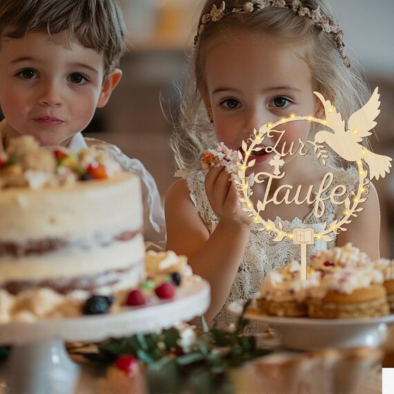 Giftota Cake Topper zur Taufe aus Holz mit LED Lichterkette, Zur Taufe Tortendeko für Mädchen, Junge