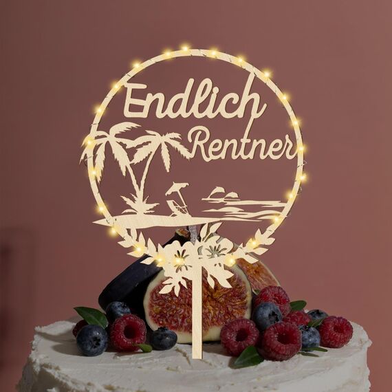 Giftota Cake Topper Endlich Rentner aus Holz mit LED Lichterkette - Tortendeko für Rentner - Rente, Ruhestand Deko