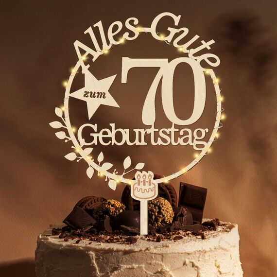 Giftota Cake Topper 70. Geburtstag Holz mit LED Lichterkette - 70. Geburtstag Deko Frauen Männer - Tortendeko 70 Geburtstagsdeko - 70 Geburtstagsdeko