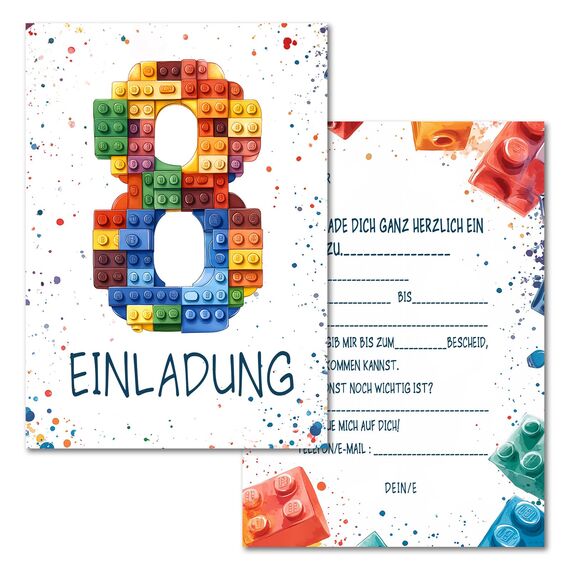 Vielucks 15 x Bausteine Einladungskarten - DIN A6 - Original - mit Aufkleber,Blocks Einladungskarten Kindergeburtstag Mädchen Junge,Geburtstagseinladungen,Party deko,Einladung Einschulung (8 Jahre)