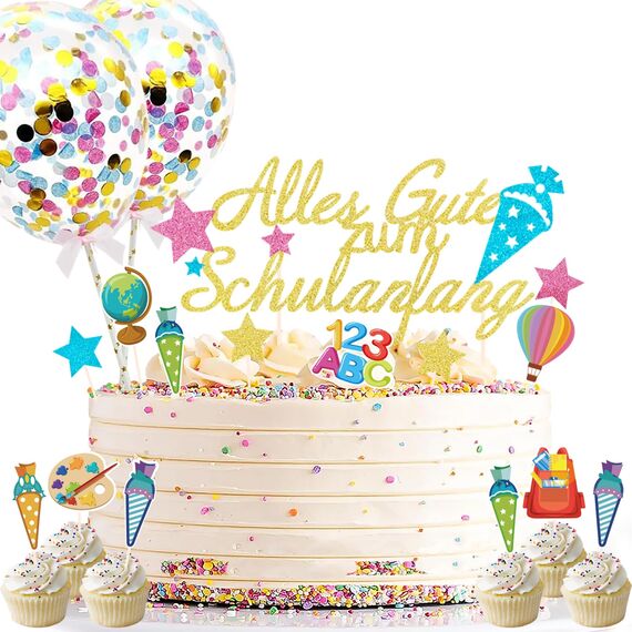 24 Stück Schulanfang Tortendeko, Tortendeko Einschulung, Einschulung Deko Kuchen Papierfächer für Junge und Mädchen Schulanfang Party Dekoration (Bunt)