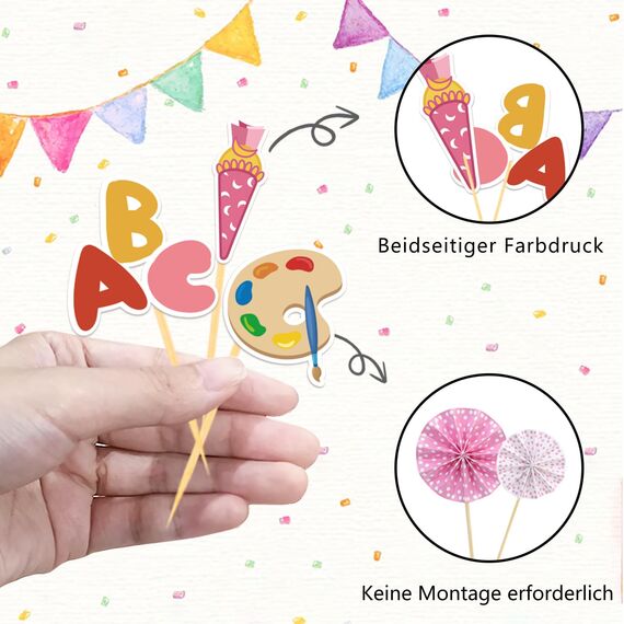25 Stück Schulanfang Tortendeko, Tortendeko Einschulung, Einschulung Deko Kuchen Papierfächer für Junge und Mädchen Schulanfang Party Dekoration (Rosa)