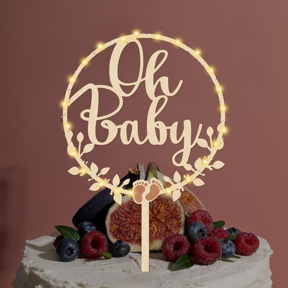 Giftota Oh Baby Cake Topper Holz mit LED Lichterkette - Oh Baby Tortendeko - Kuchenstecker für Babyparty Baby Shower Deko, Gender Reveal Partydeko