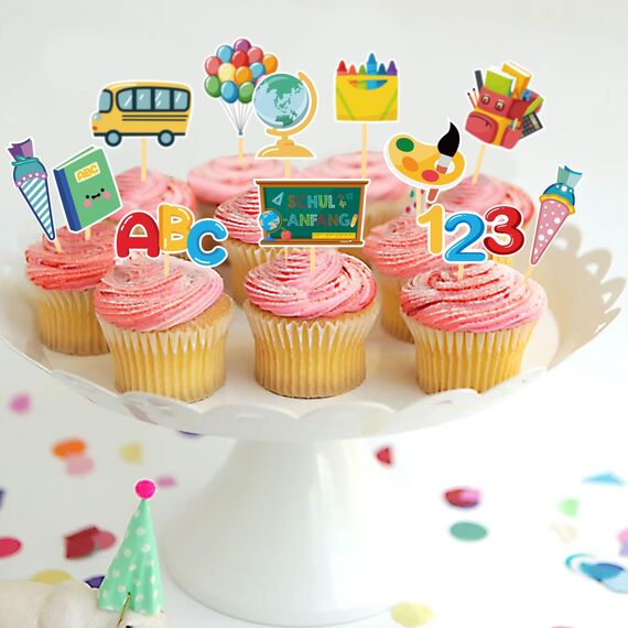 24 Stück Schulanfang Tortendeko, Schuleinführung deko Cupcake Topper, Tortendeko Einschulung, deko Einschulung Junge für Schulkind, Junge und Mädchen Schulanfang Party Dekoration (Tafel)