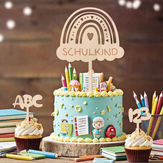 Tortendeko Einschulung, Holz Schulkind Tortendeko, Kuchen Deko Einschulung, Cake Topper Schulkind Kuchen Deko Torten Topper ABC 123 Kuchendeko Schulanfang für Mädchen Junge Schuleinführung Party