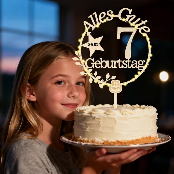 Cake Topper 7. Geburtstag Holz mit LED Lichterkette - Tortendeko 7. Geburtstag Deko - Kuchen Deko für Jungen Mädchen