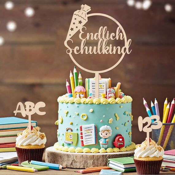 Tortendeko Einschulung, Kuchen Deko Einschulung Holz Endlich Schulkind Tortendeko Cake Topper Schulkind Kuchen Deko Torten Topper ABC 123 Kuchendeko Schulanfang für Mädchen Junge Schuleinführung Party