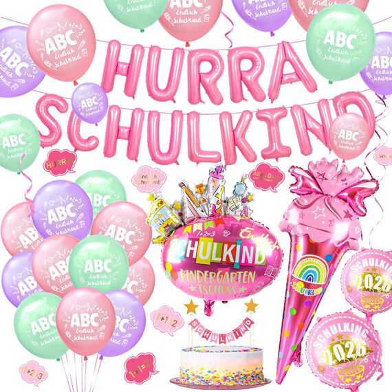 iZoeL SCHULKIND Deko Einschulung Deko Mädchen, HURRA SCHULKIND Girlande 2026 Folienballon Zuckertüte Folienballon 15 Luftballon 16 Konfetti Schulanfang Schuleinführung Deko