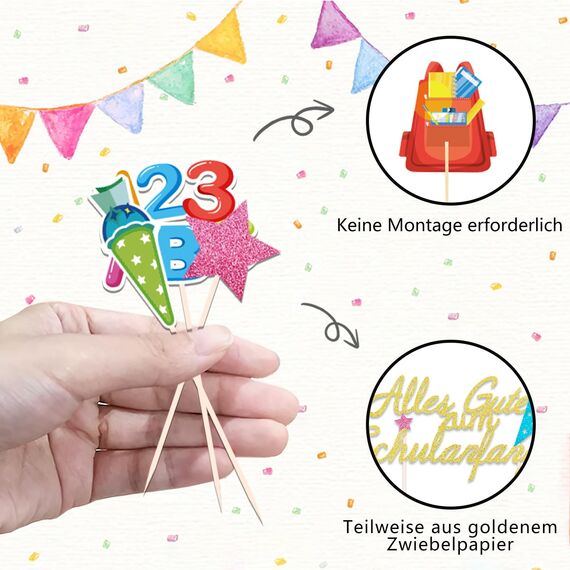 24 Stück Schulanfang Tortendeko, Tortendeko Einschulung, Einschulung Deko Kuchen Papierfächer für Junge und Mädchen Schulanfang Party Dekoration (Bunt)
