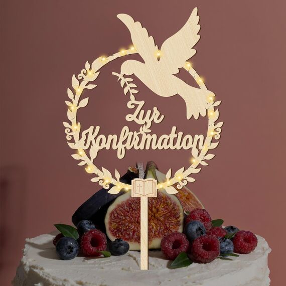 Giftota Cake Topper zur Konfirmation aus Holz mit LED Lichterkette - Tortendeko Konfirmation Deko für Junge Mädchen