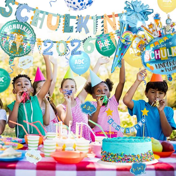 iZoeL SCHULKIND 2026 Deko Einschulung Junge, SCHULKIND Girlande + 2026 Zuckertüten Girlande + Zuckertüte SCHULKIND Folienballon + 15 Luftballon + 16 Konfetti Schulanfang Schuleinführung Deko