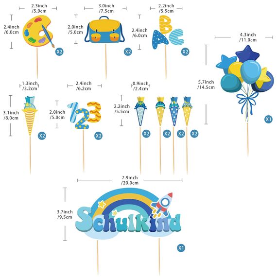 20 Stück Schulanfang Tortendeko, Tortendeko Einschulung Junge, Schultüte Einschulung Deko Cupcake Topper für Schulkind, Junge und Mädchen Schulanfang Party Dekoration (Blau Regenbogen)