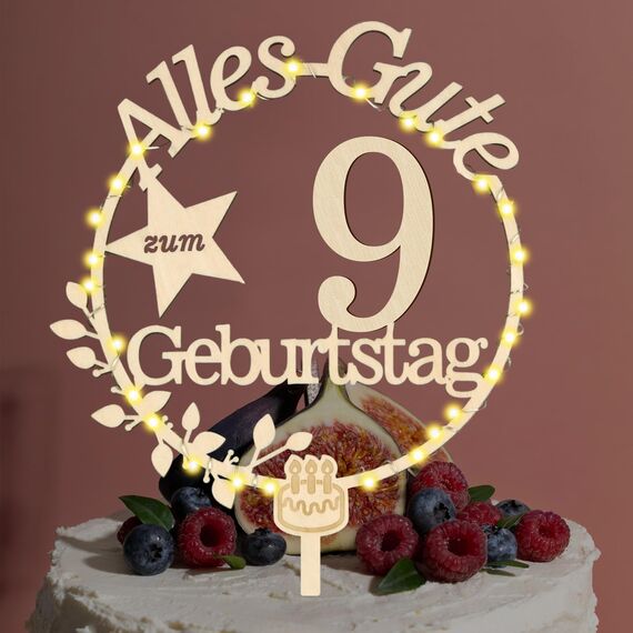 Cake Topper 9. Geburtstag Holz mit LED Lichterkette - Tortendeko 9. Geburtstag Deko - Kuchen Deko für Jungen Mädchen