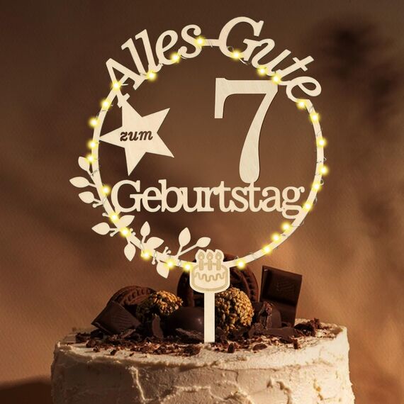 Cake Topper 7. Geburtstag Holz mit LED Lichterkette - Tortendeko 7. Geburtstag Deko - Kuchen Deko für Jungen Mädchen
